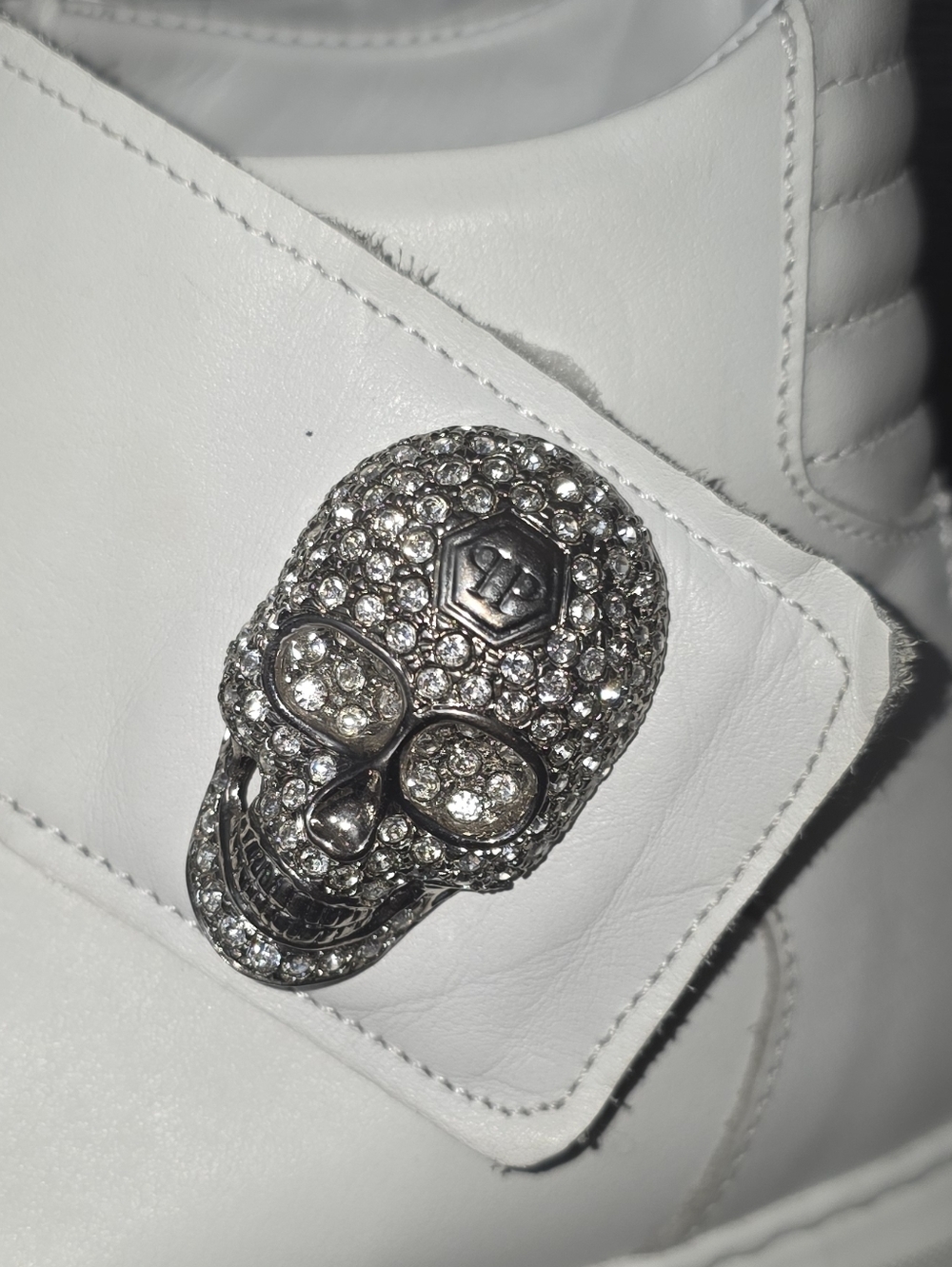 Philipp Plein White Leather High-Top Sneakers with Crystal Skull